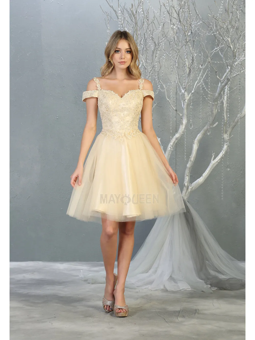 MQ 1809 - Off the Shoulder Tulle Homecoming Dress with Embroidered Lace Bodice & Corset Back