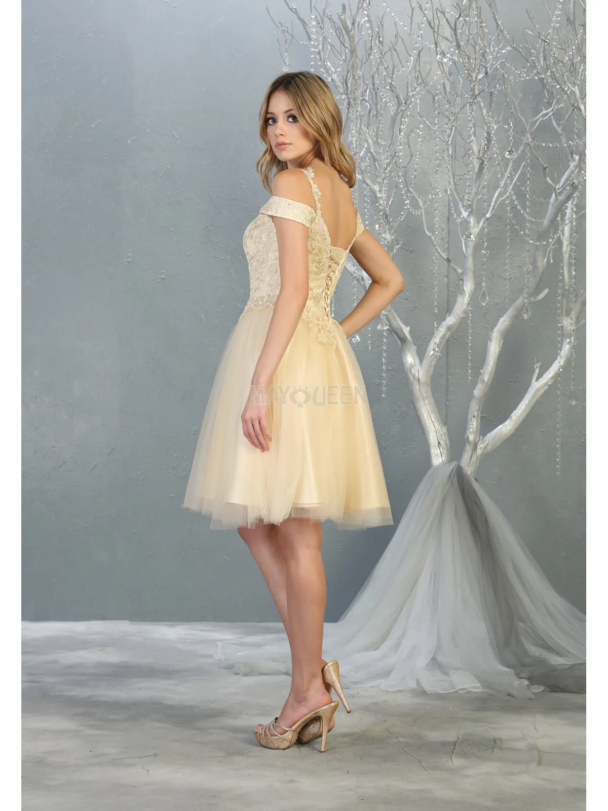 MQ 1809 - Off the Shoulder Tulle Homecoming Dress with Embroidered Lace Bodice & Corset Back