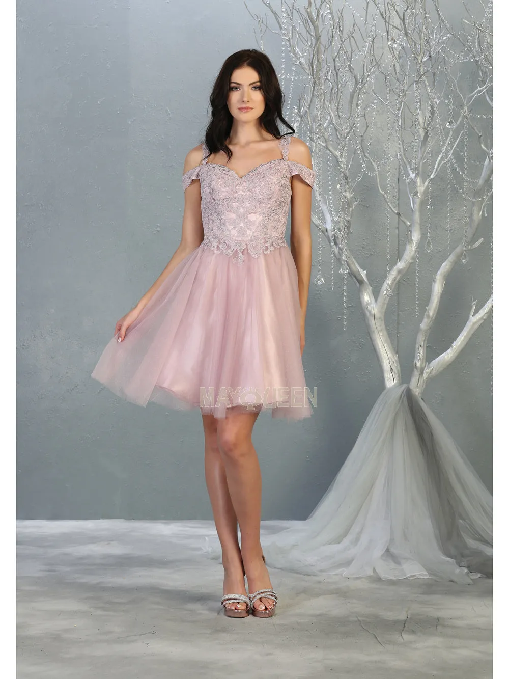 MQ 1809 - Off the Shoulder Tulle Homecoming Dress with Embroidered Lace Bodice & Corset Back