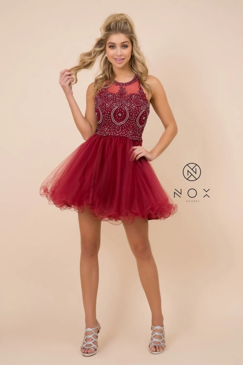 N B652 - Short Homecoming Dress with Lace Appliqué High Neck & Tulle Skirt