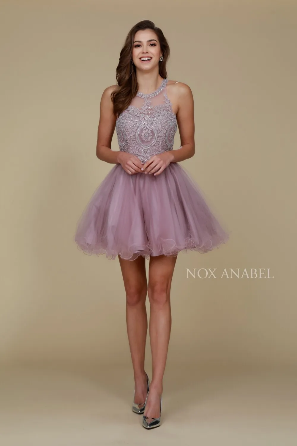 N B652 - Short Homecoming Dress with Lace Appliqué High Neck & Tulle Skirt