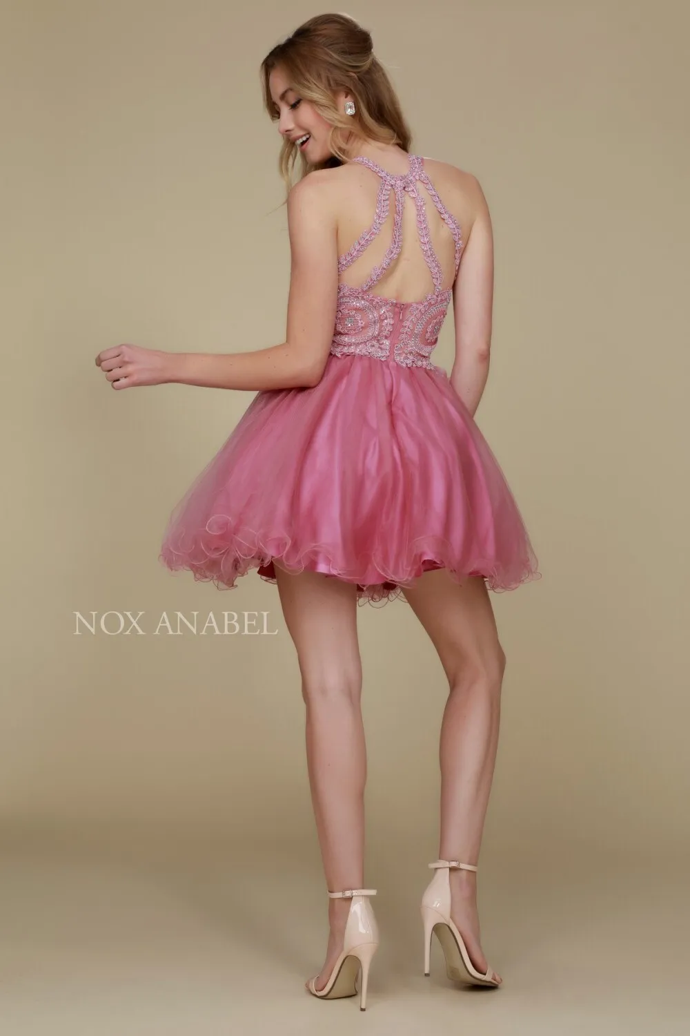 N B652 - Short Homecoming Dress with Lace Appliqué High Neck & Tulle Skirt