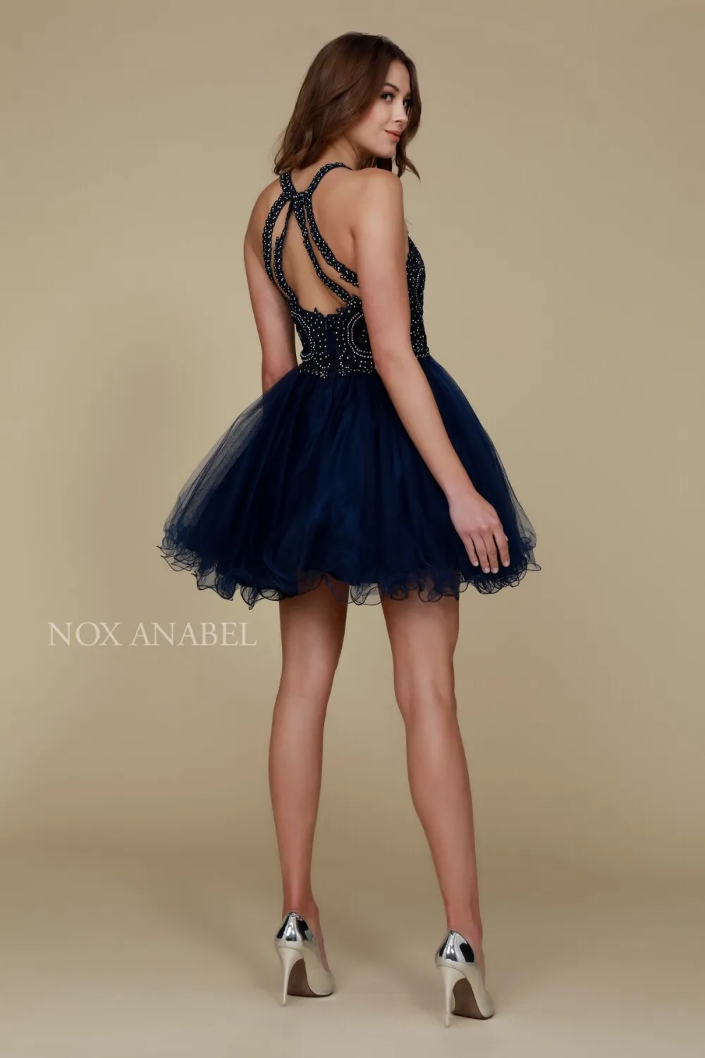 N B652 - Short Homecoming Dress with Lace Appliqué High Neck & Tulle Skirt