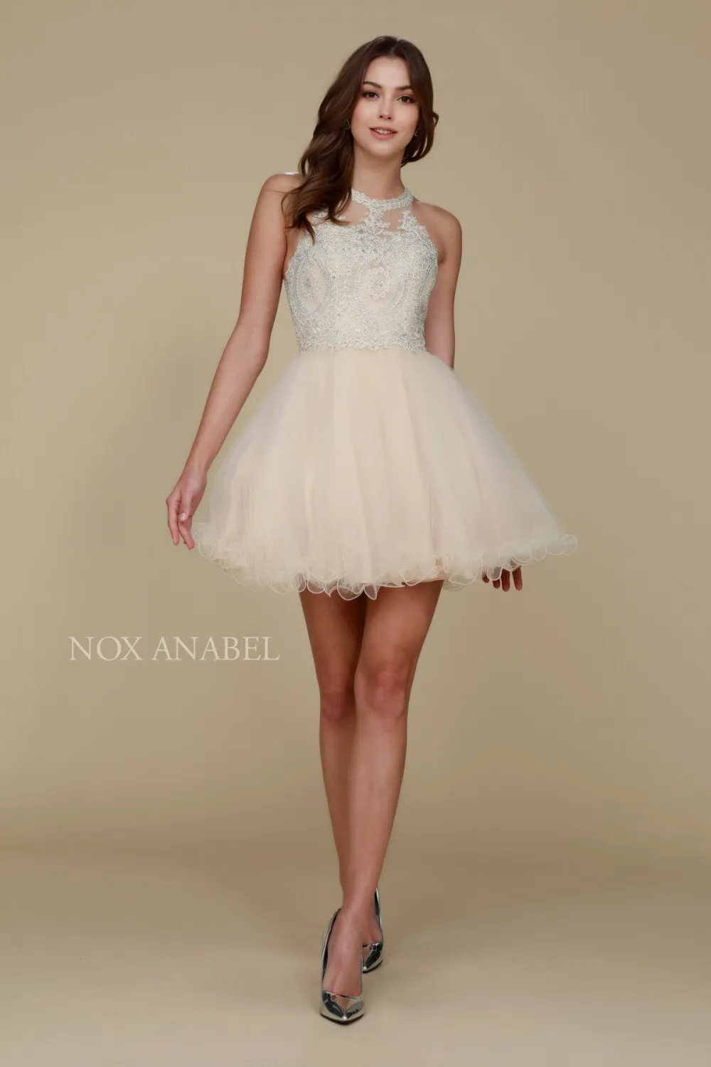 N B652 - Short Homecoming Dress with Lace Appliqué High Neck & Tulle Skirt