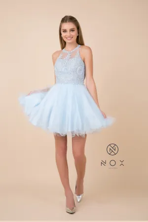 N B652 - Short Homecoming Dress with Lace Appliqué High Neck & Tulle Skirt