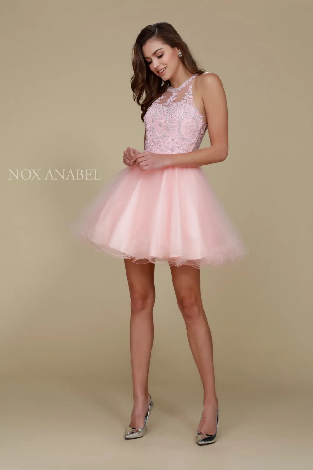 N B652 - Short Homecoming Dress with Lace Appliqué High Neck & Tulle Skirt