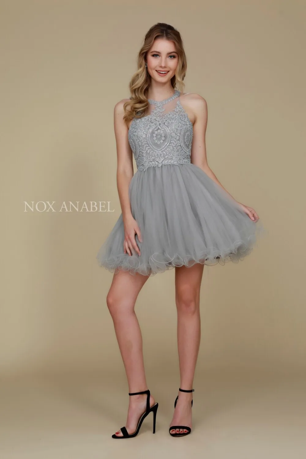 N B652 - Short Homecoming Dress with Lace Appliqué High Neck & Tulle Skirt