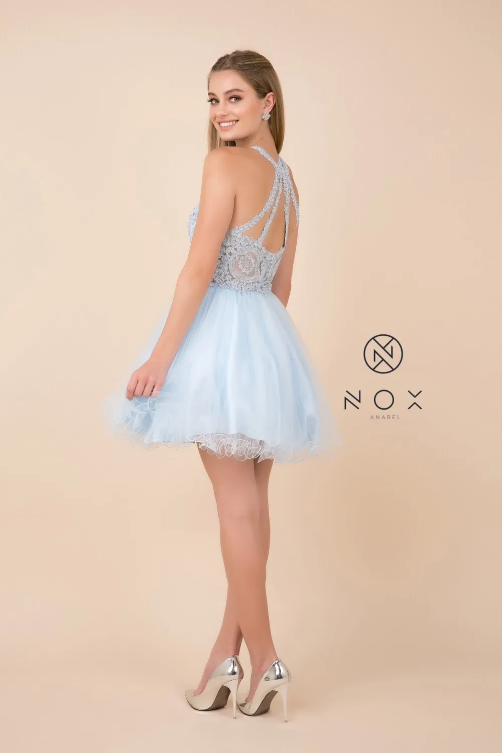N B652 - Short Homecoming Dress with Lace Appliqué High Neck & Tulle Skirt