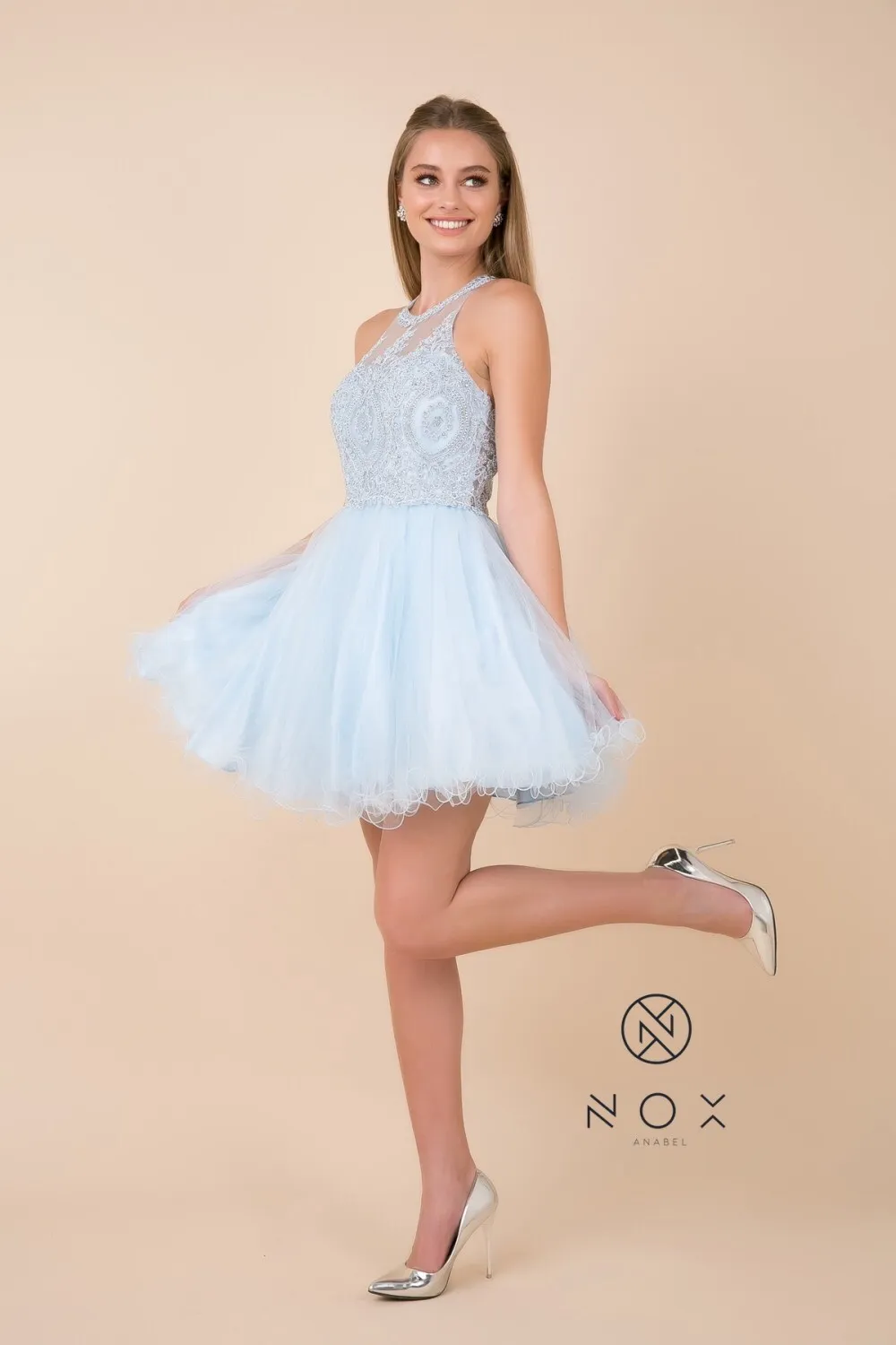 N B652 - Short Homecoming Dress with Lace Appliqué High Neck & Tulle Skirt