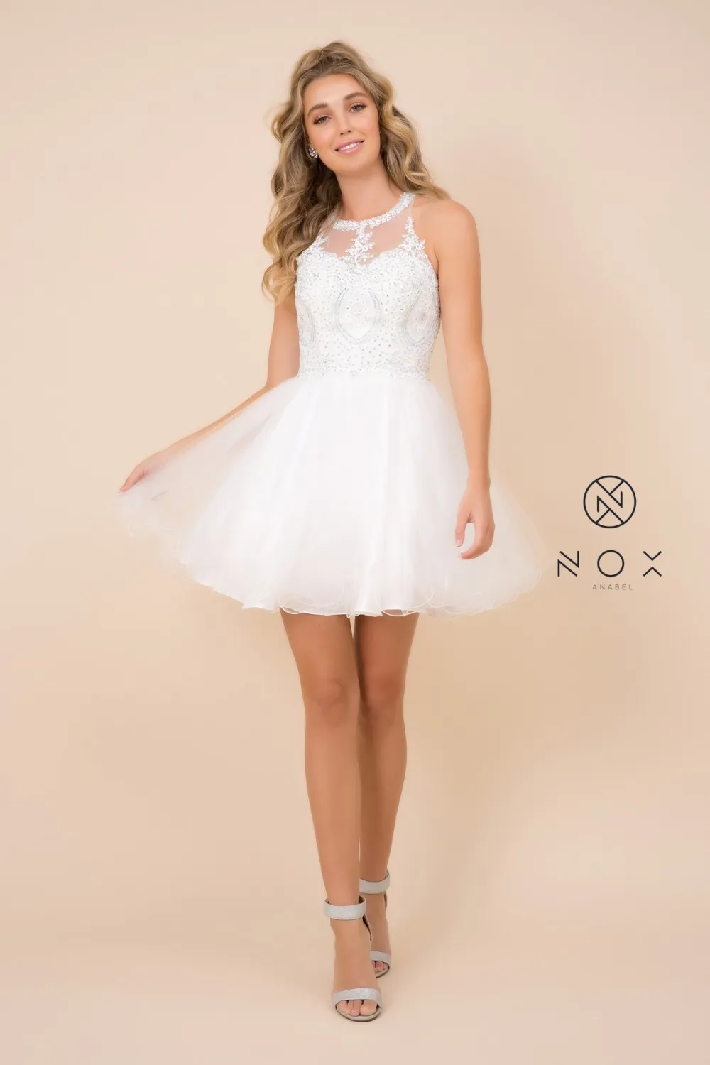 N B652 - Short Homecoming Dress with Lace Appliqué High Neck & Tulle Skirt