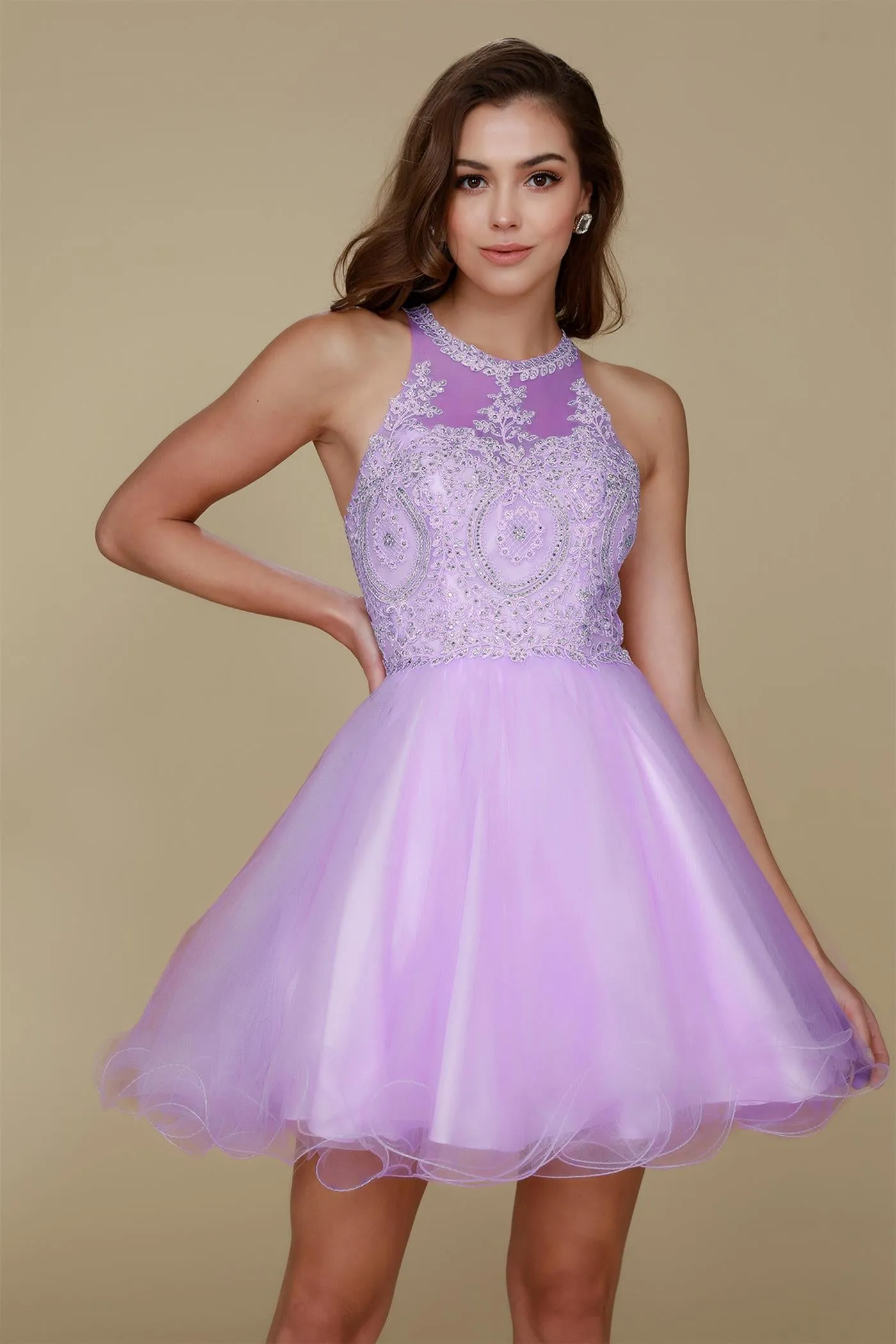 N B652 - Short Homecoming Dress with Lace Appliqué High Neck & Tulle Skirt