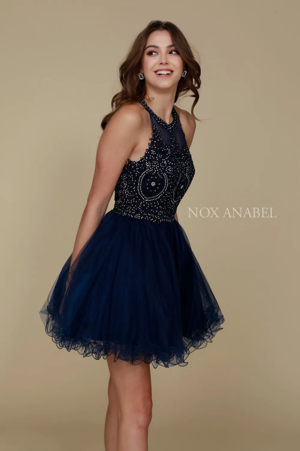 N B652 - Short Homecoming Dress with Lace Appliqué High Neck & Tulle Skirt