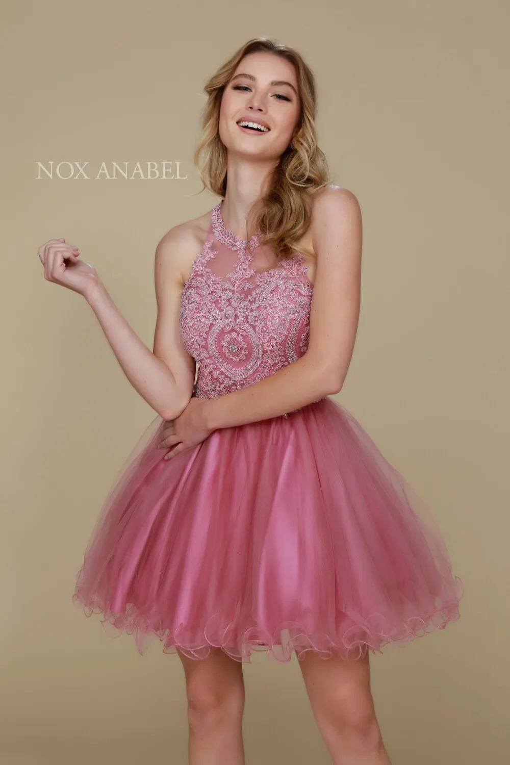 N B652 - Short Homecoming Dress with Lace Appliqué High Neck & Tulle Skirt