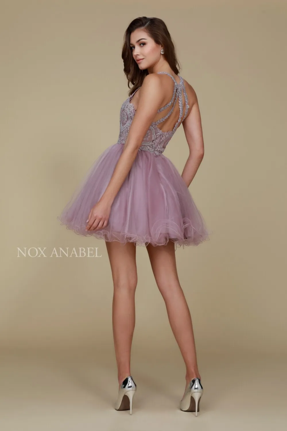 N B652 - Short Homecoming Dress with Lace Appliqué High Neck & Tulle Skirt