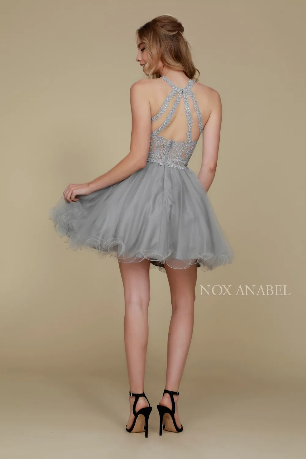 N B652 - Short Homecoming Dress with Lace Appliqué High Neck & Tulle Skirt