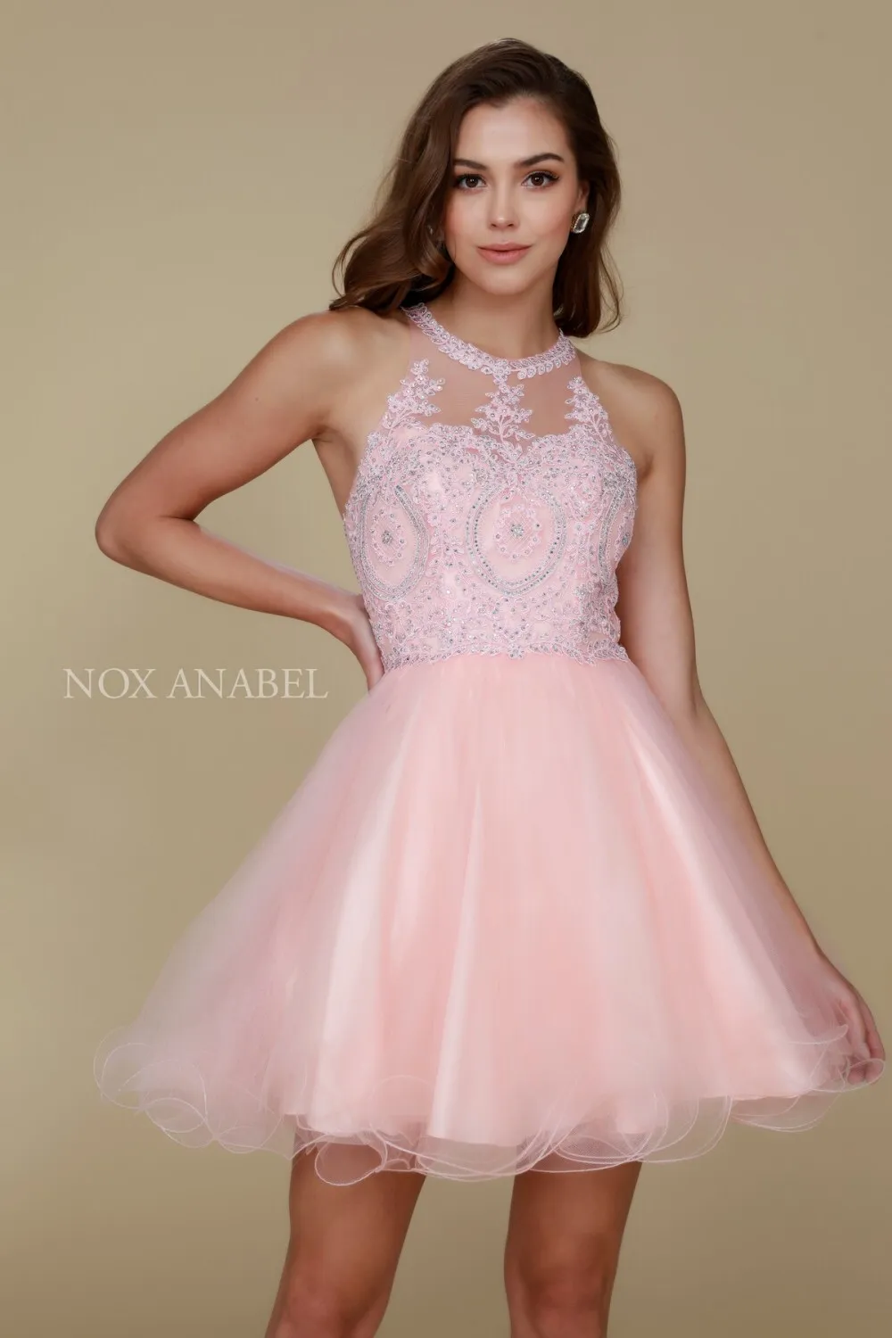 N B652 - Short Homecoming Dress with Lace Appliqué High Neck & Tulle Skirt