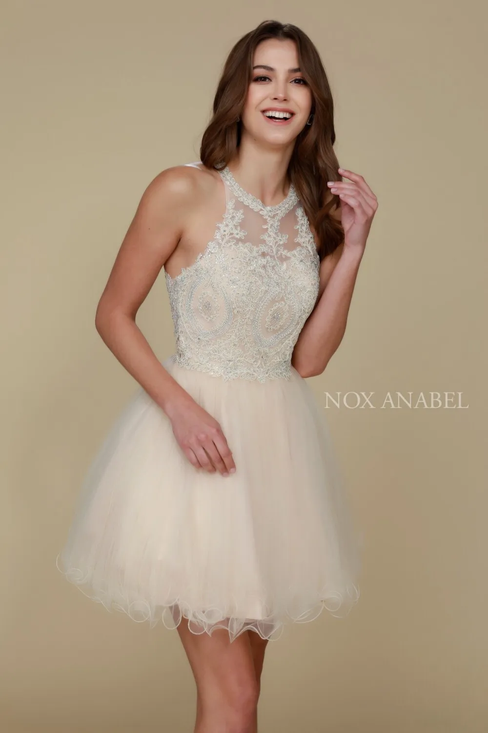 N B652 - Short Homecoming Dress with Lace Appliqué High Neck & Tulle Skirt