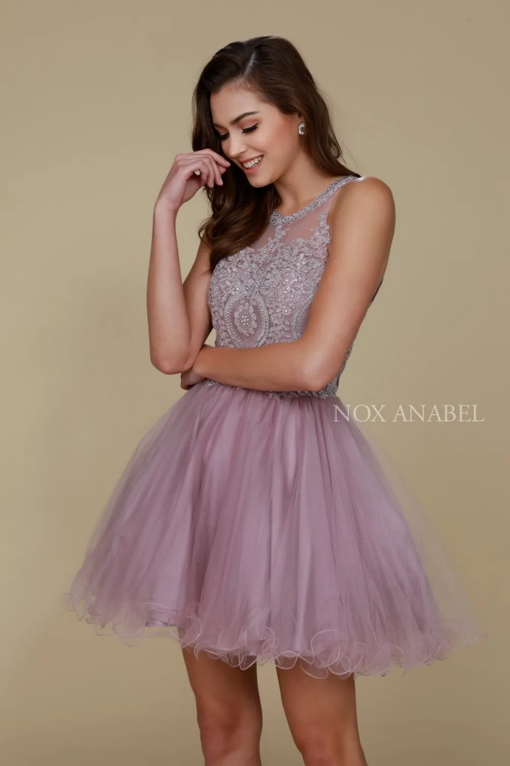 N B652 - Short Homecoming Dress with Lace Appliqué High Neck & Tulle Skirt