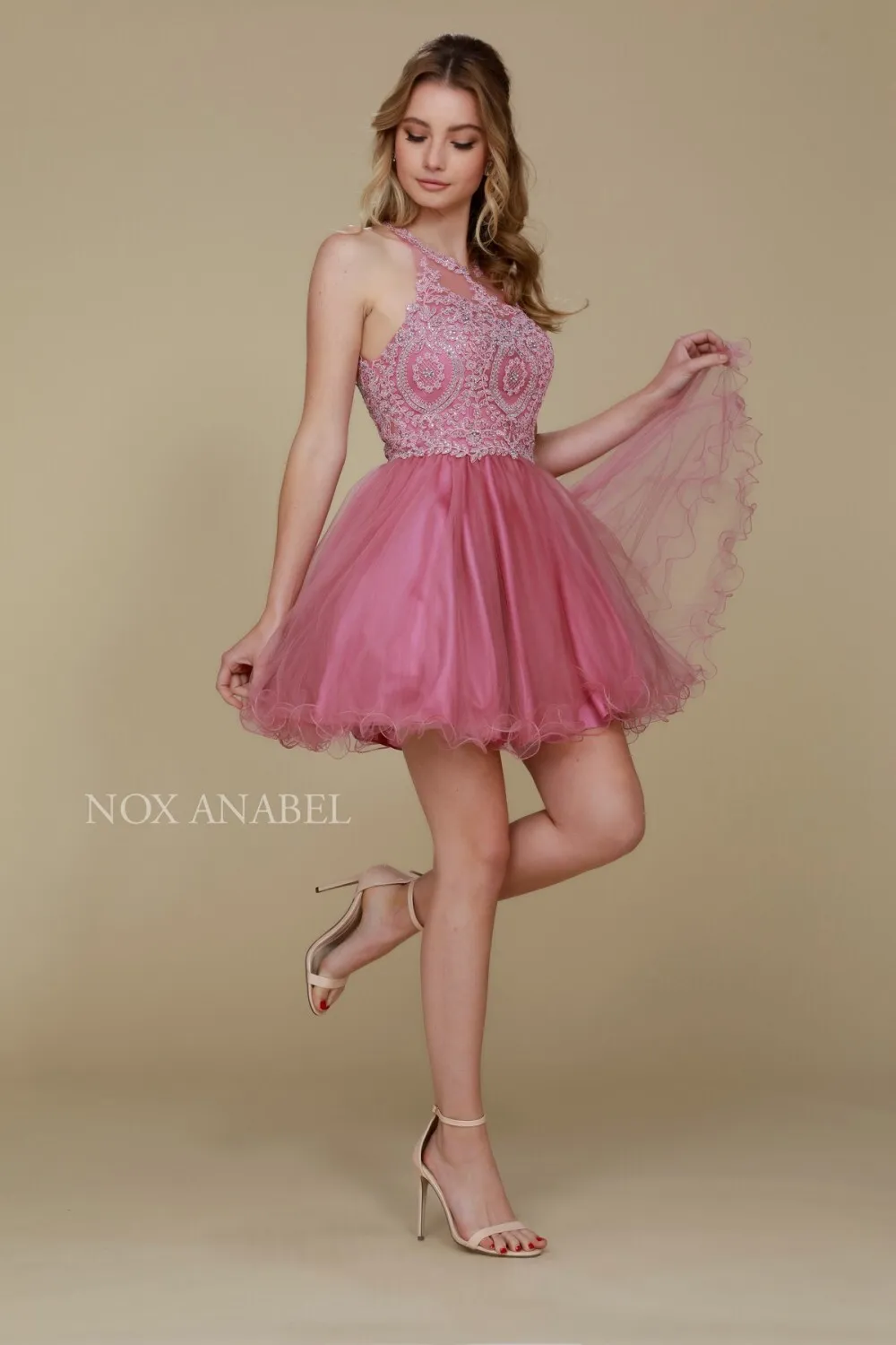N B652 - Short Homecoming Dress with Lace Appliqué High Neck & Tulle Skirt