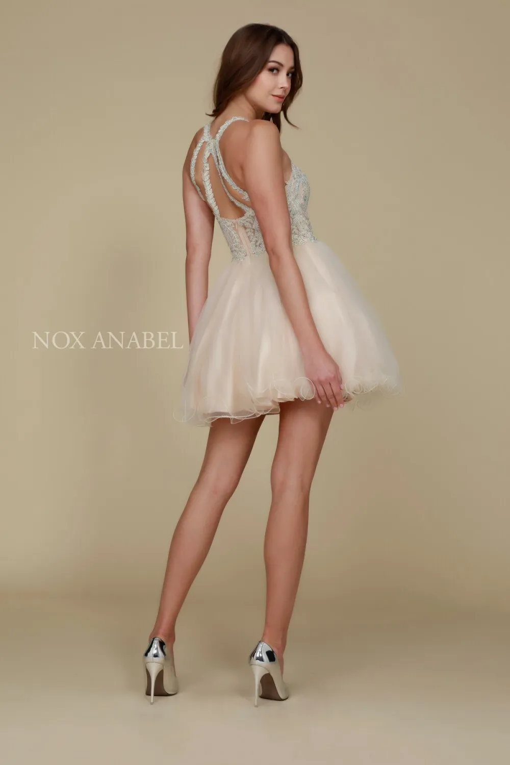 N B652 - Short Homecoming Dress with Lace Appliqué High Neck & Tulle Skirt