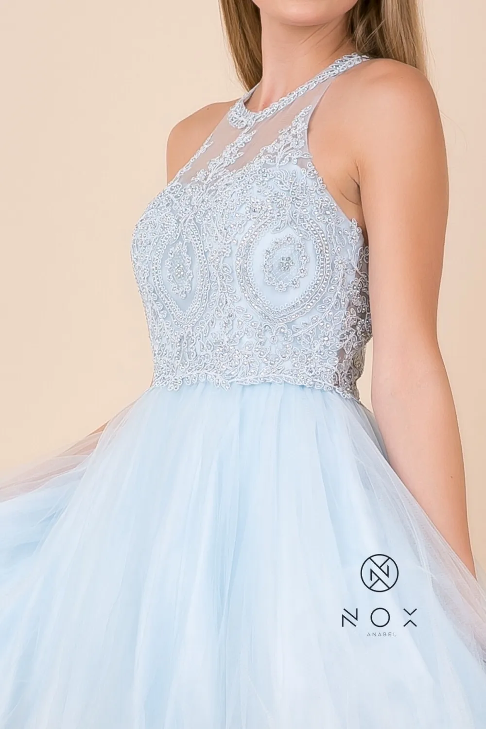 N B652 - Short Homecoming Dress with Lace Appliqué High Neck & Tulle Skirt
