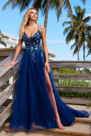 N G1649 - Layered Tulle A-Line Prom Gown with Sheer Sequin Appliqued Bodice Leg Slit & Open Detailed Back
