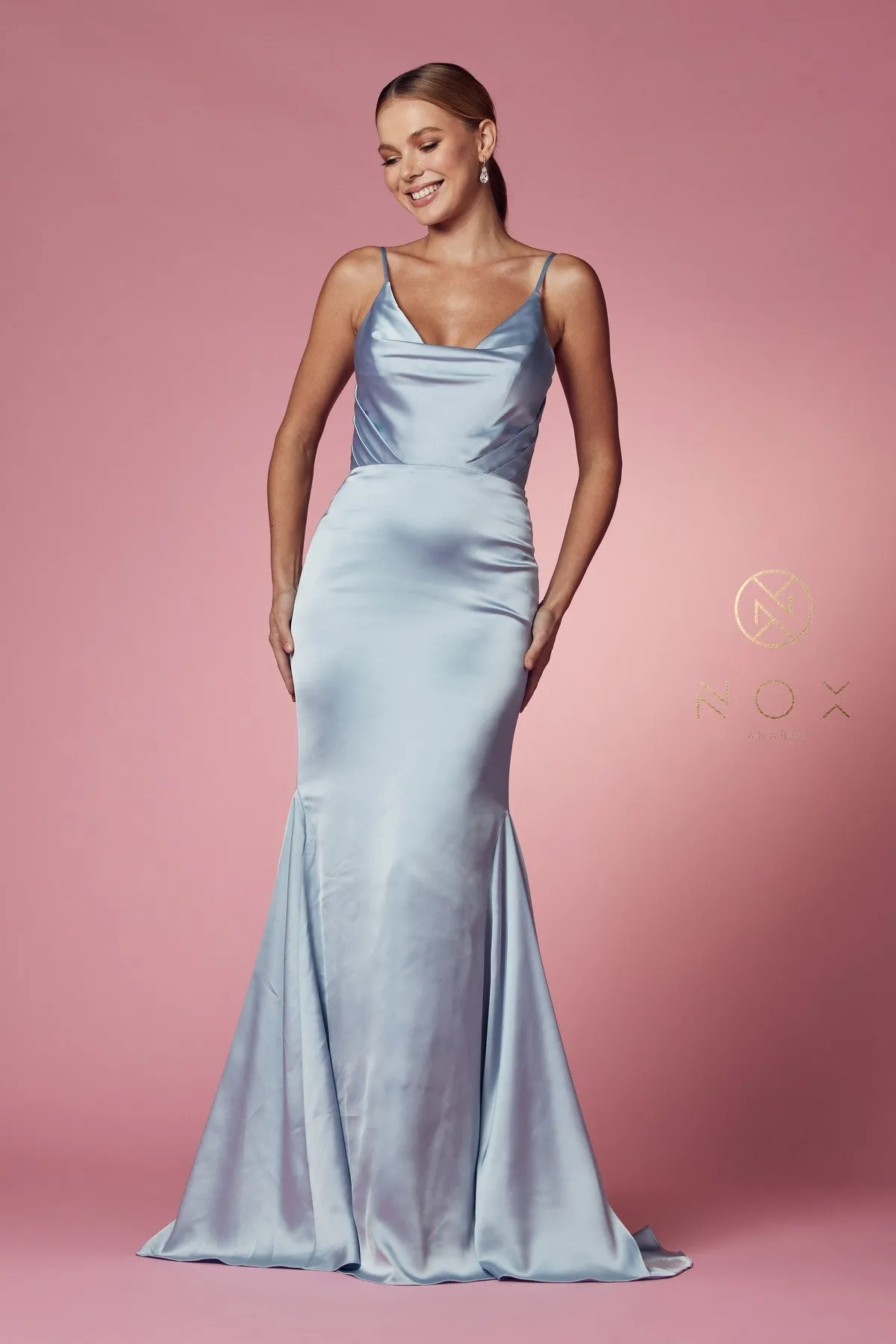 N R1026 - Satin Cowl Neck Fit & Flare Prom Gown with Layered Bodice