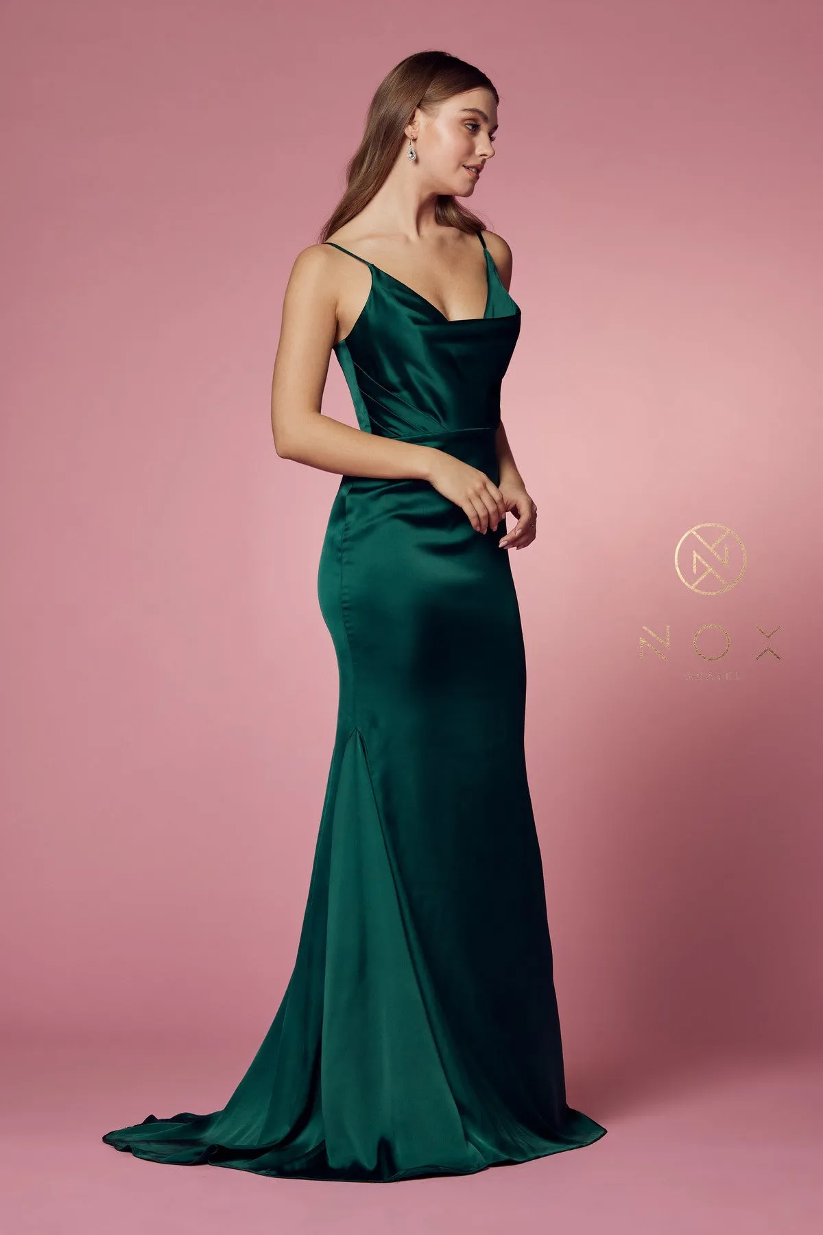 N R1026 - Satin Cowl Neck Fit & Flare Prom Gown with Layered Bodice