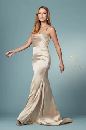 N R1026 - Satin Cowl Neck Fit & Flare Prom Gown with Layered Bodice
