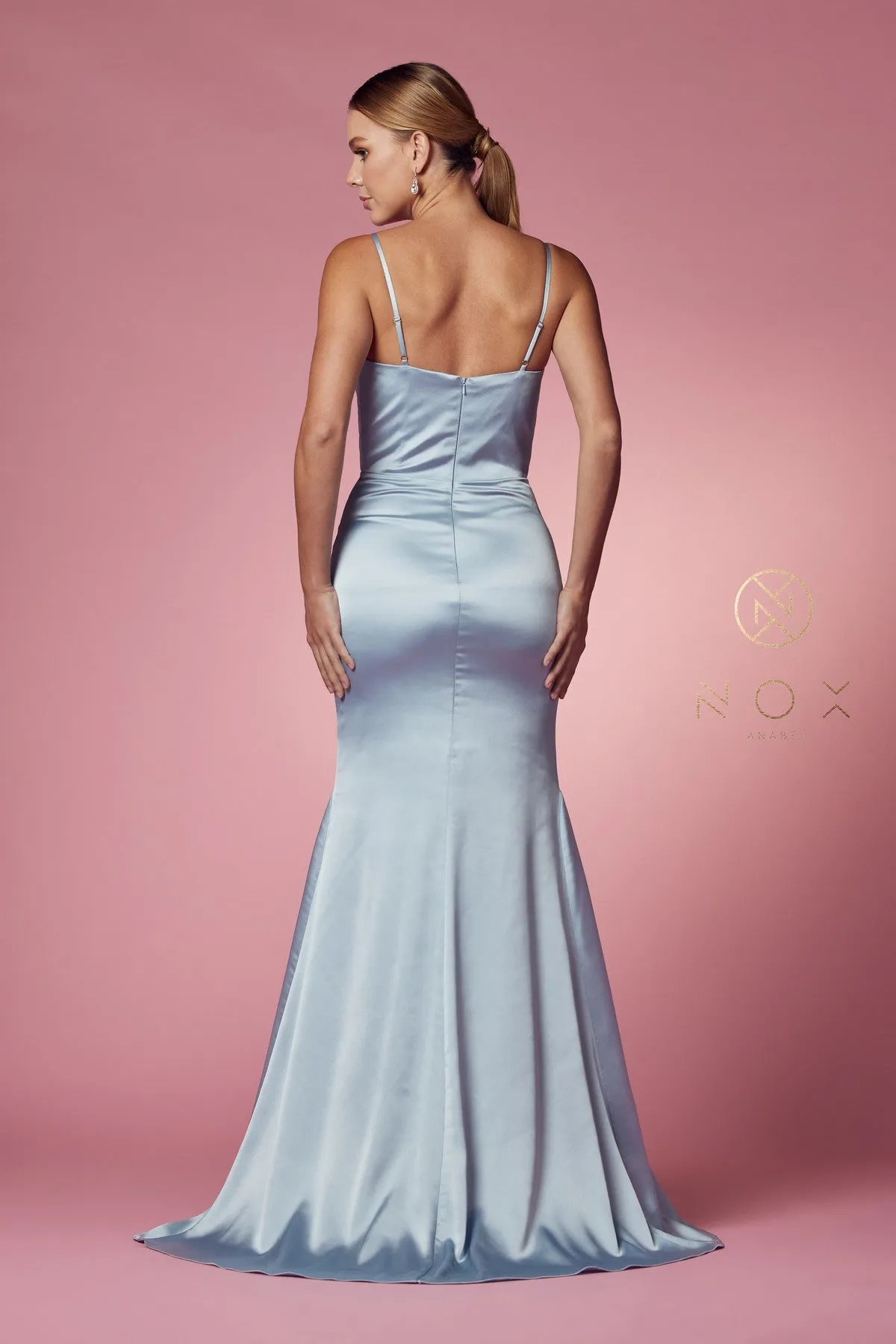 N R1026 - Satin Cowl Neck Fit & Flare Prom Gown with Layered Bodice
