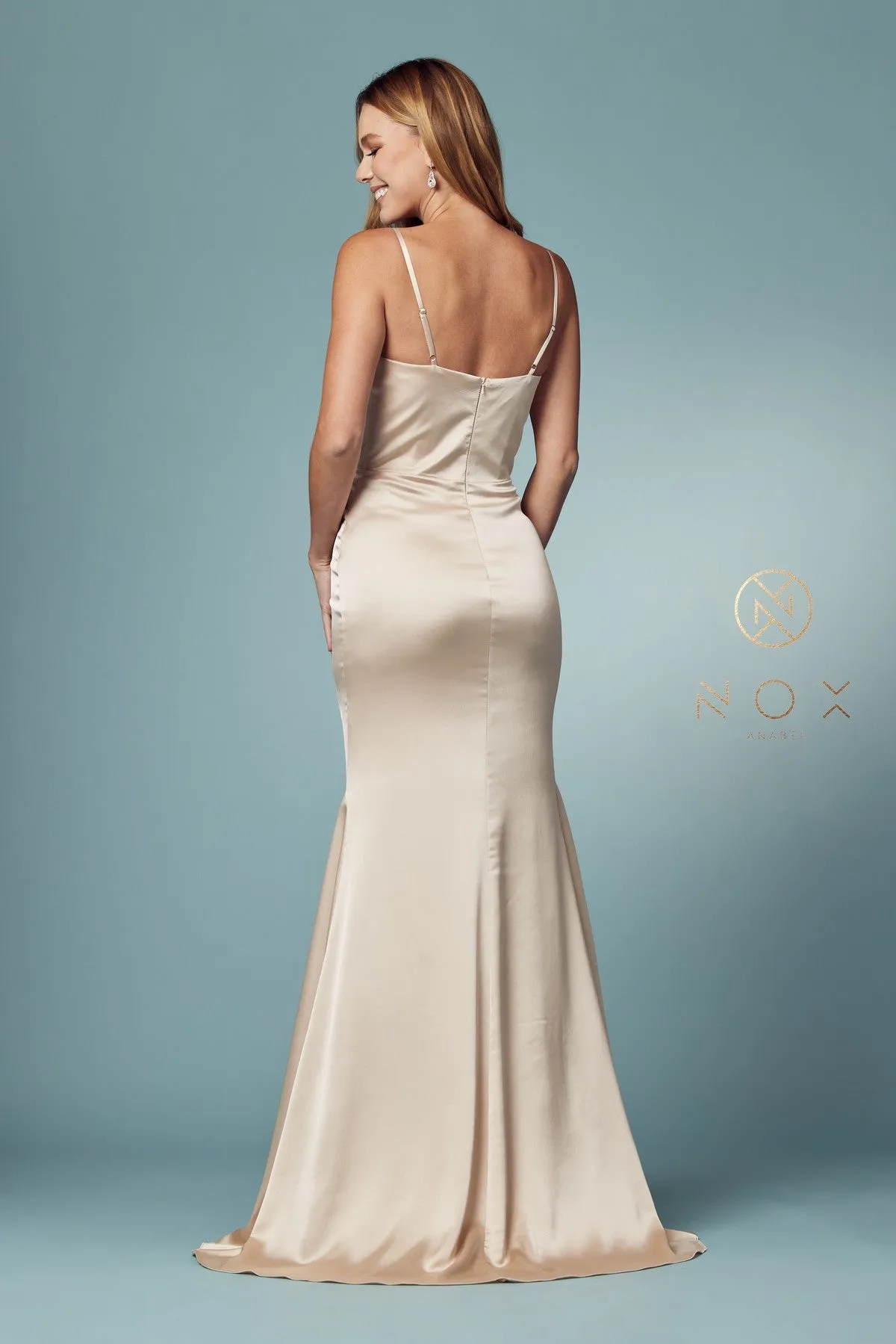 N R1026 - Satin Cowl Neck Fit & Flare Prom Gown with Layered Bodice
