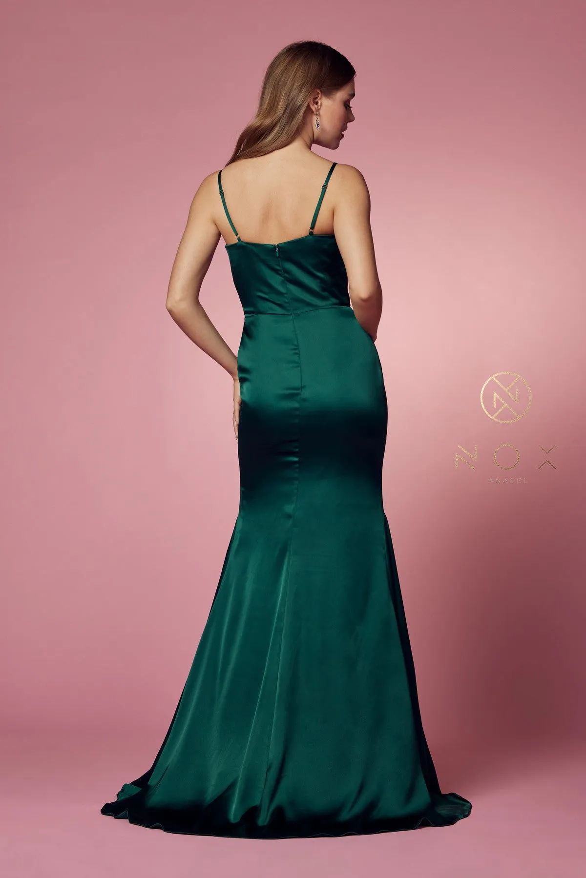 N R1026 - Satin Cowl Neck Fit & Flare Prom Gown with Layered Bodice