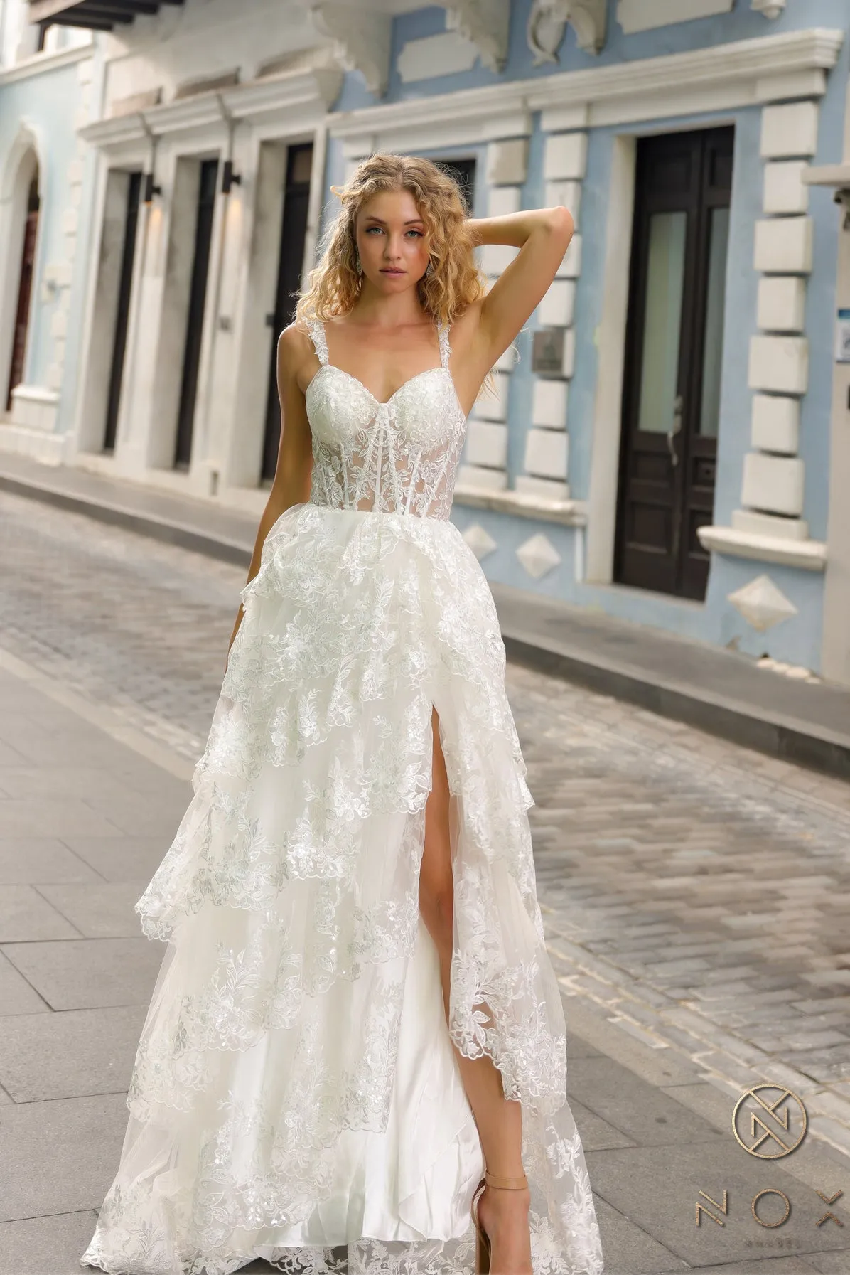 N T1335 - Off the Shoulder A-Line Prom Gown with Sequin Embellished Lace Layered Ruffle Skirt & Leg Slit