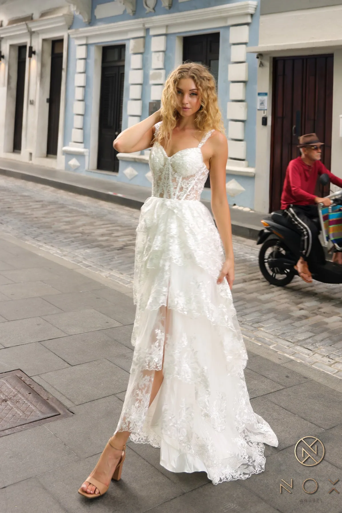 N T1335 - Off the Shoulder A-Line Prom Gown with Sequin Embellished Lace Layered Ruffle Skirt & Leg Slit