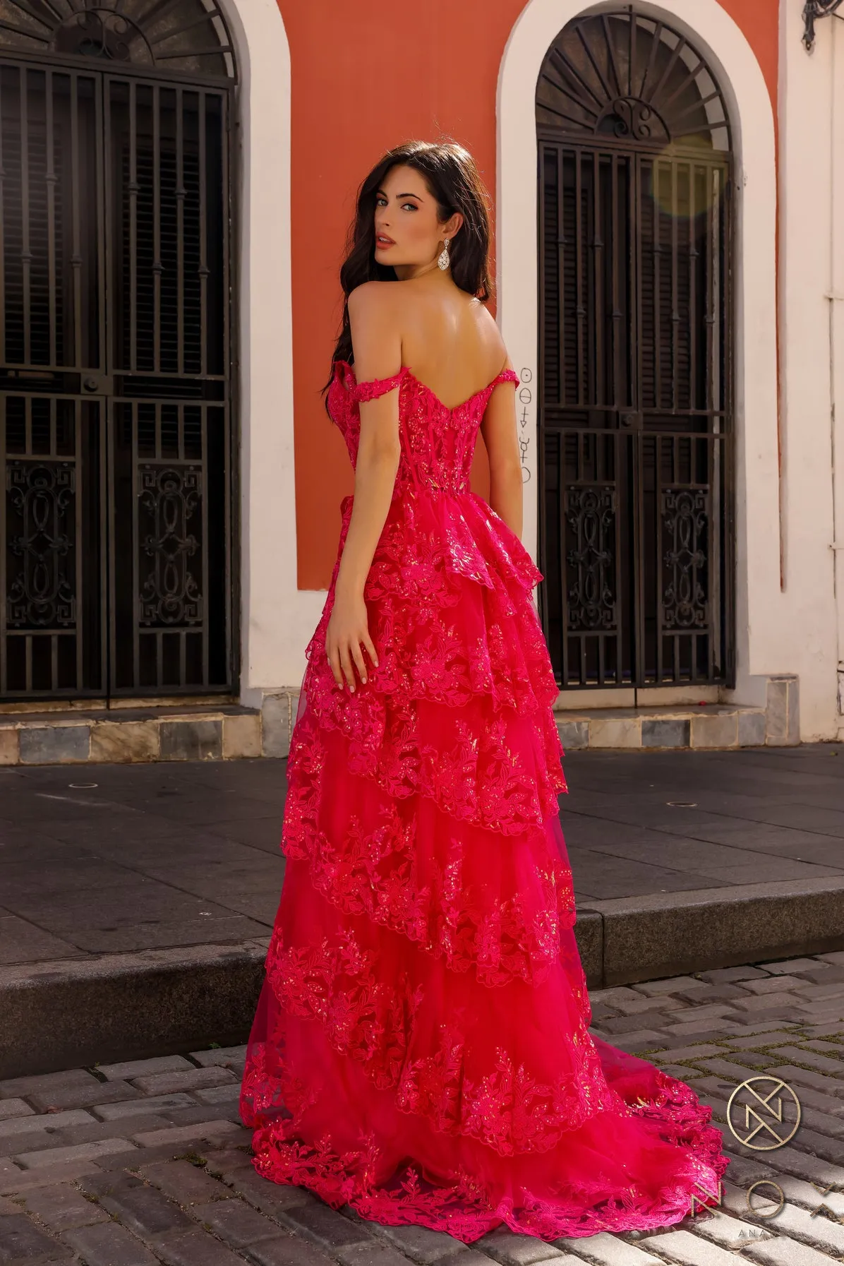 N T1335 - Off the Shoulder A-Line Prom Gown with Sequin Embellished Lace Layered Ruffle Skirt & Leg Slit