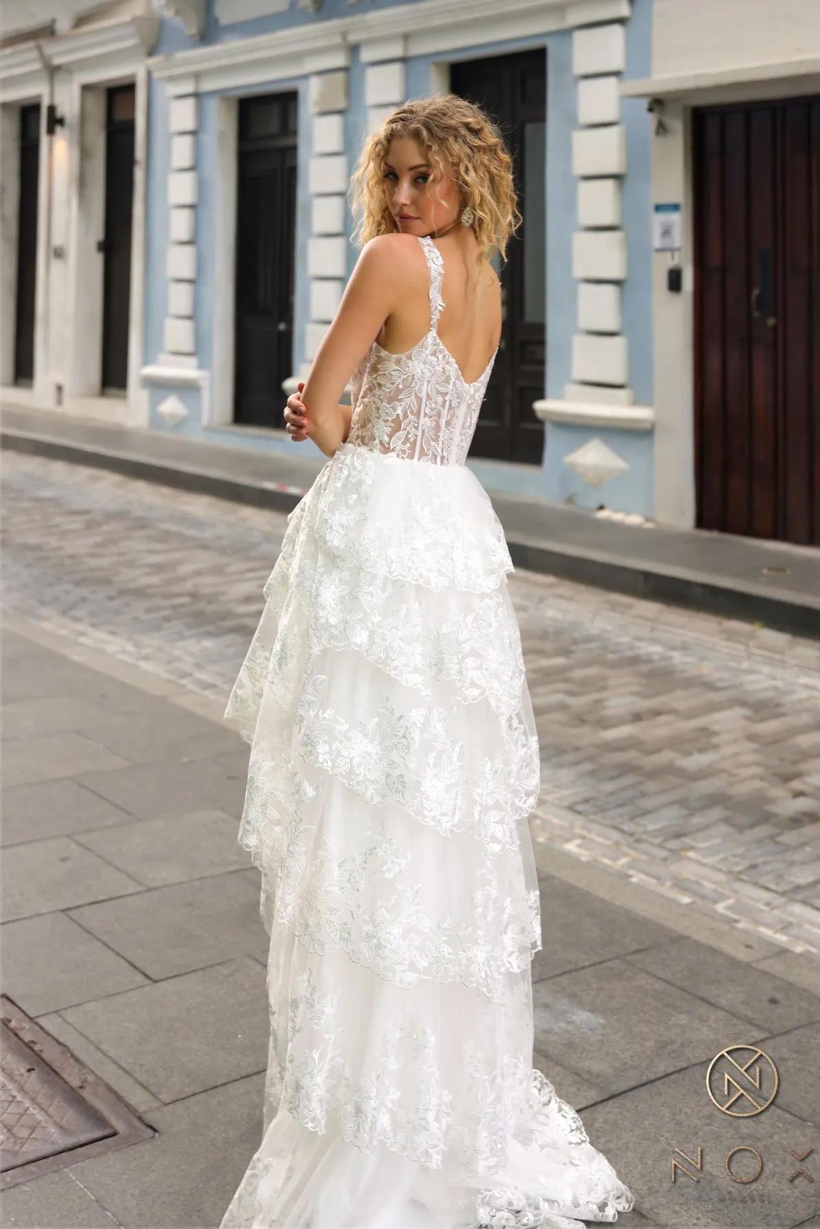 N T1335 - Off the Shoulder A-Line Prom Gown with Sequin Embellished Lace Layered Ruffle Skirt & Leg Slit