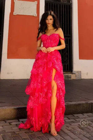 N T1335 - Off the Shoulder A-Line Prom Gown with Sequin Embellished Lace Layered Ruffle Skirt & Leg Slit