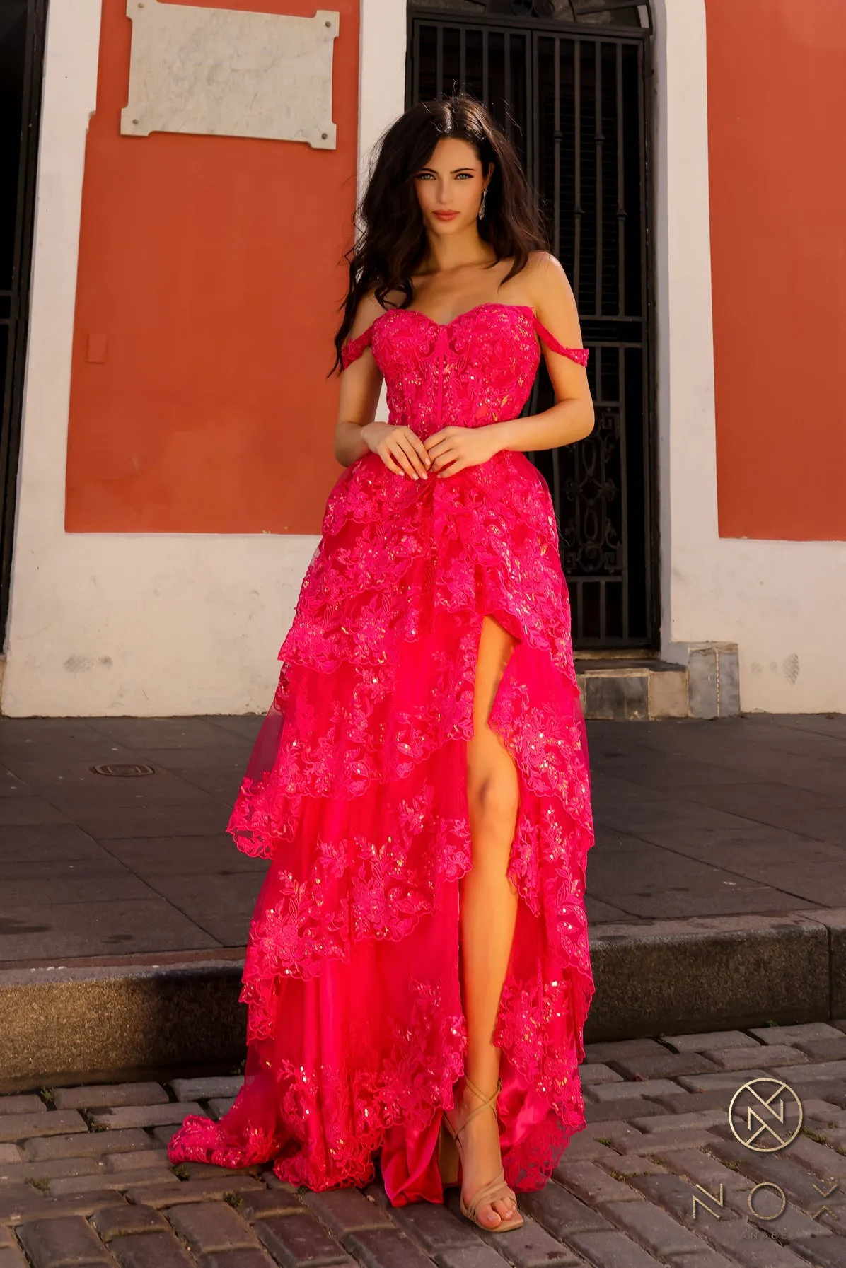 N T1335 - Off the Shoulder A-Line Prom Gown with Sequin Embellished Lace Layered Ruffle Skirt & Leg Slit