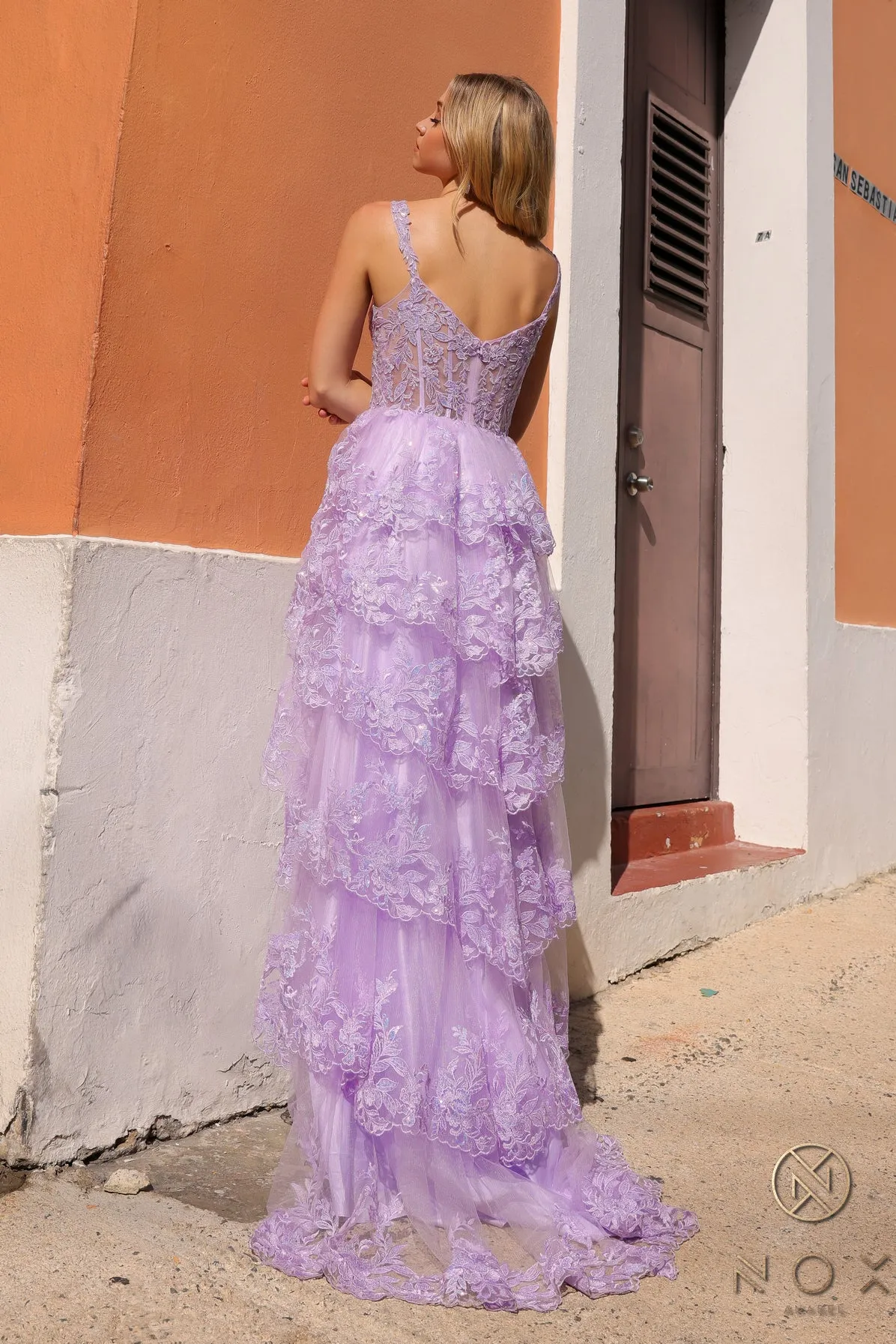 N T1335 - Off the Shoulder A-Line Prom Gown with Sequin Embellished Lace Layered Ruffle Skirt & Leg Slit