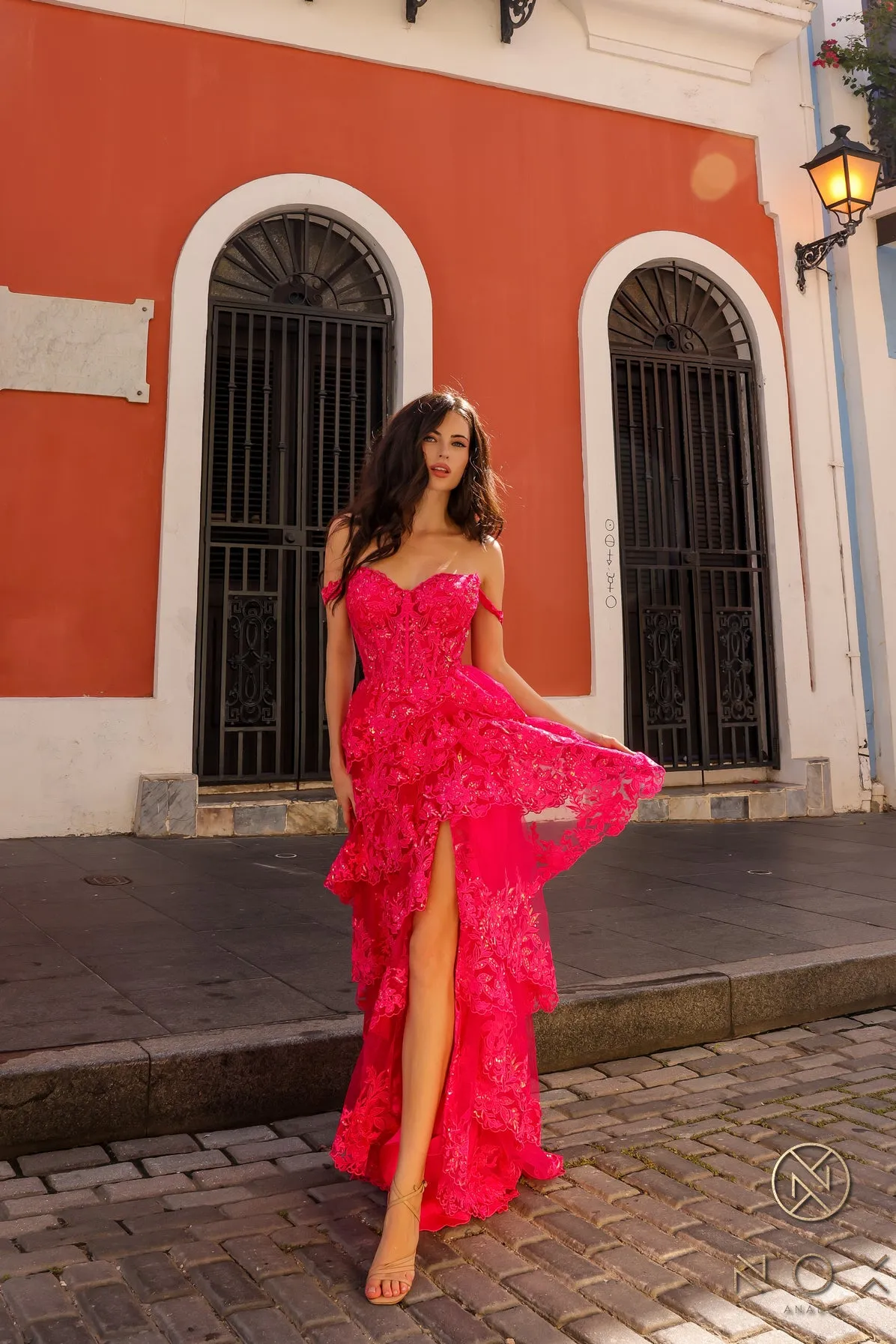 N T1335 - Off the Shoulder A-Line Prom Gown with Sequin Embellished Lace Layered Ruffle Skirt & Leg Slit