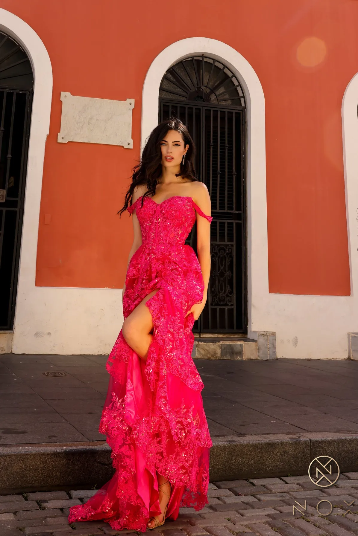 N T1335 - Off the Shoulder A-Line Prom Gown with Sequin Embellished Lace Layered Ruffle Skirt & Leg Slit