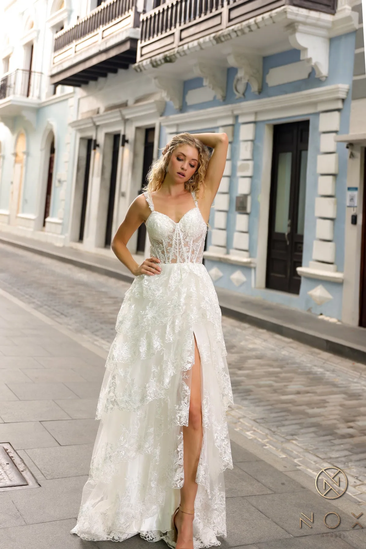 N T1335 - Off the Shoulder A-Line Prom Gown with Sequin Embellished Lace Layered Ruffle Skirt & Leg Slit
