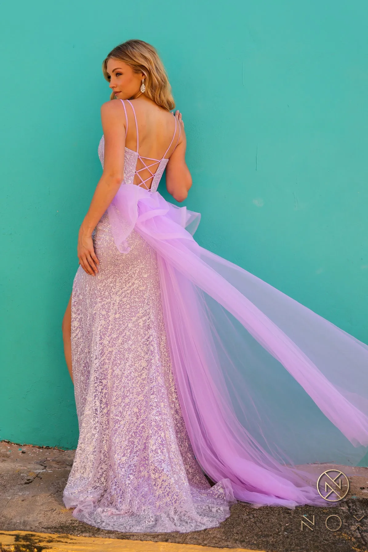 N Y1475 - A-Line Glitter Detailed Prom Gown Featuring Lace Up Corset Back & Tulle Layering With Leg Slit