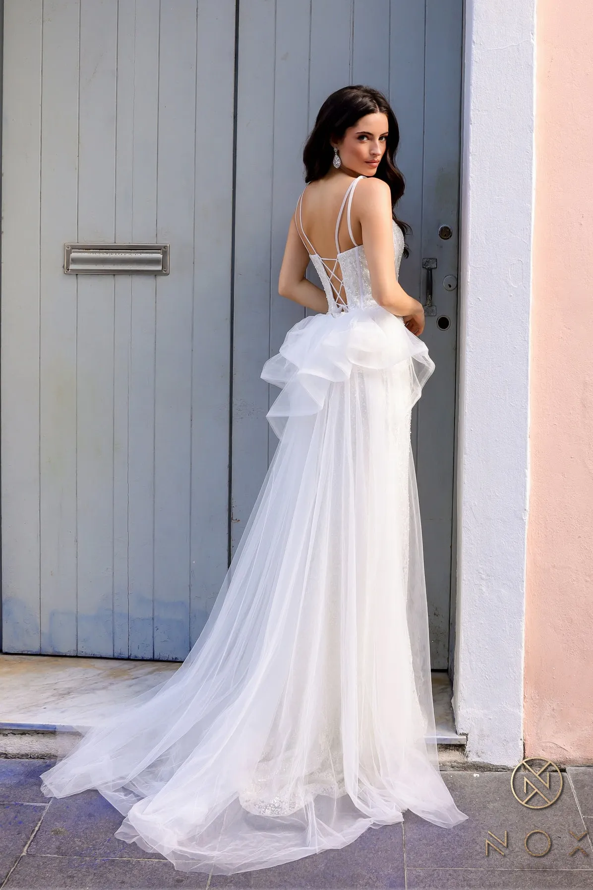 N Y1475 - A-Line Glitter Detailed Prom Gown Featuring Lace Up Corset Back & Tulle Layering With Leg Slit