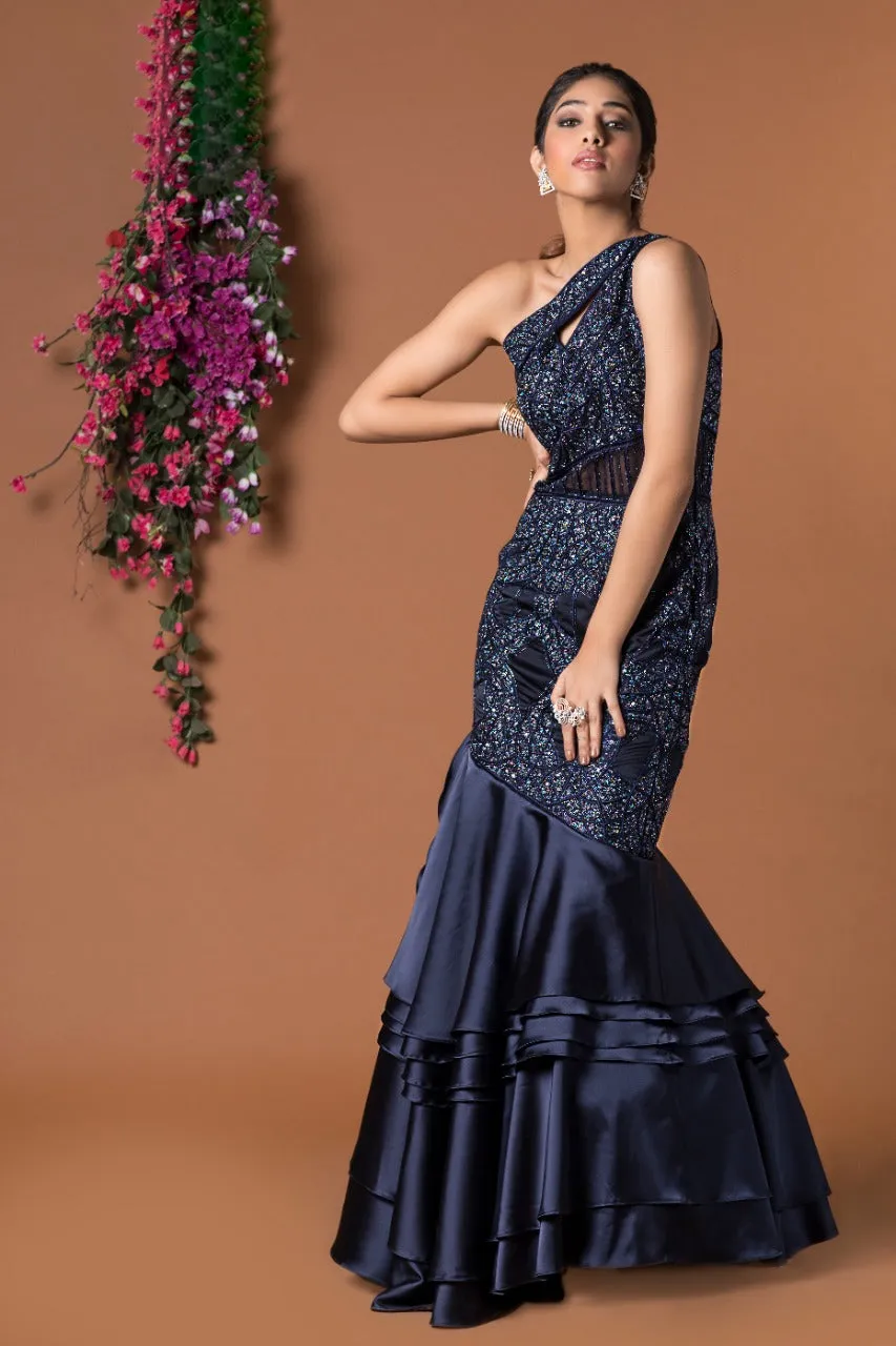 NAVY BLUE FISCHUT LAYERED GOWN