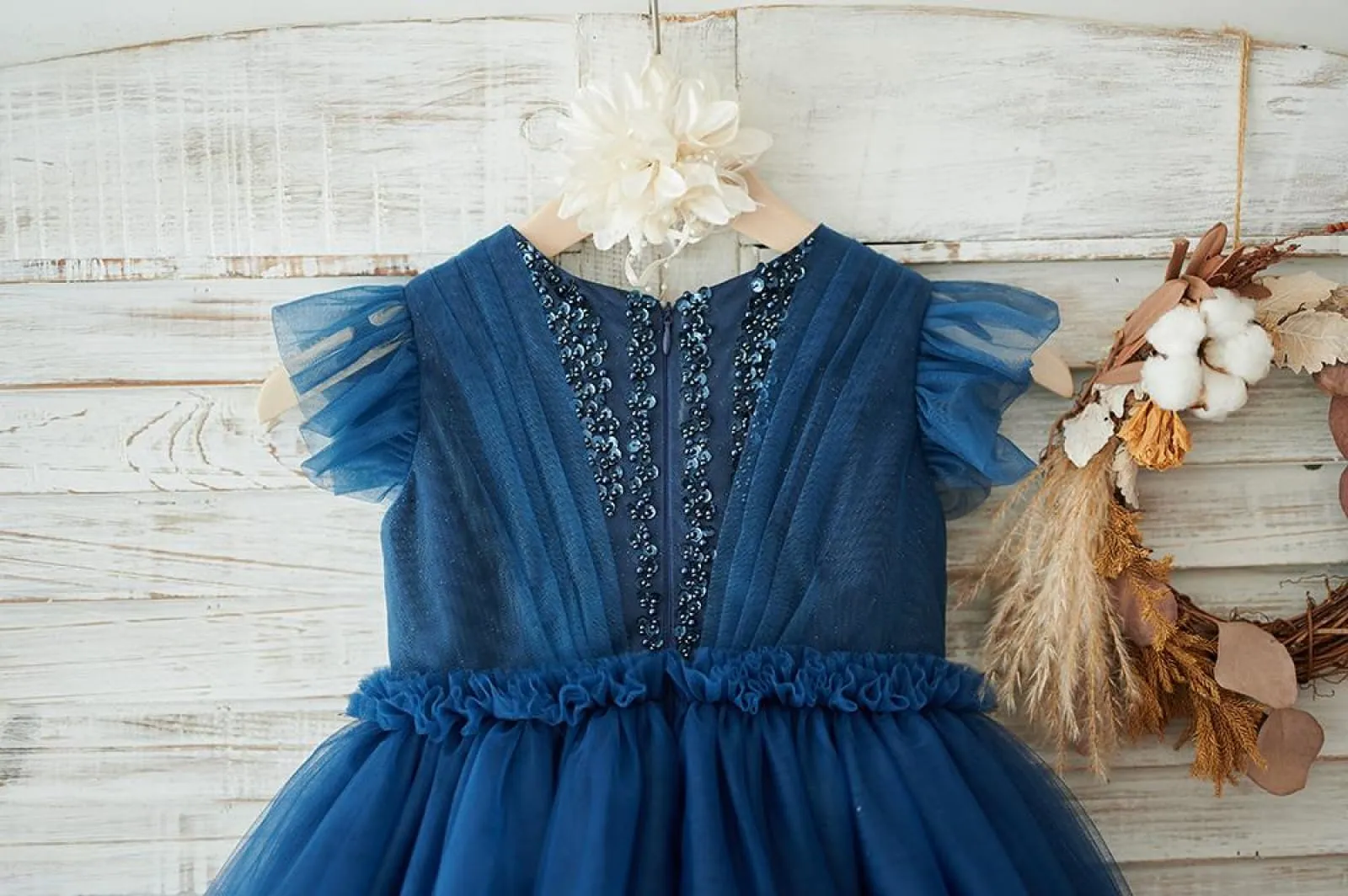 Navy Blue Glitter Tulle Cap Sleeves Beaded Wedding Flower Girl Dress