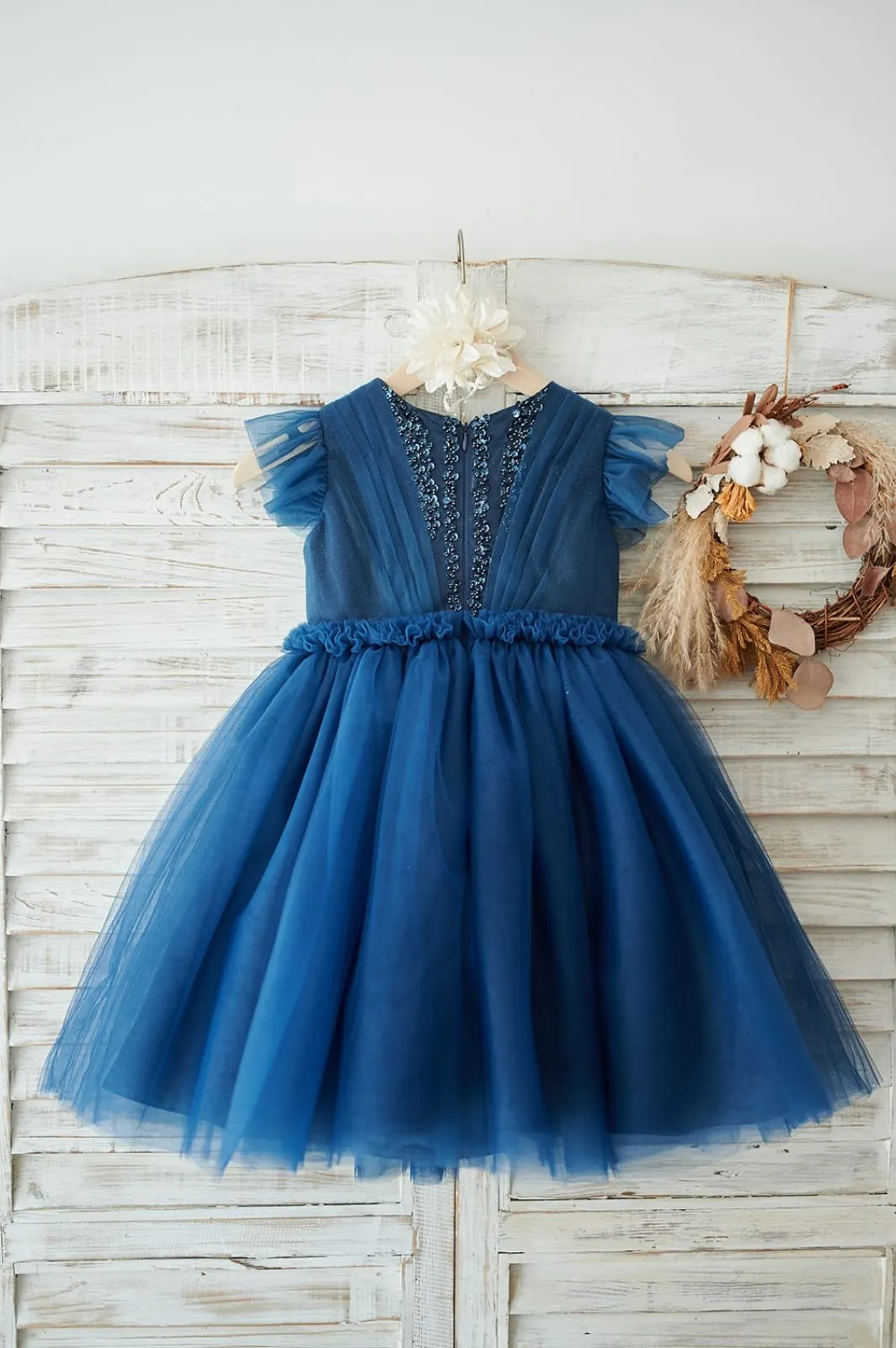 Navy Blue Glitter Tulle Cap Sleeves Beaded Wedding Flower Girl Dress