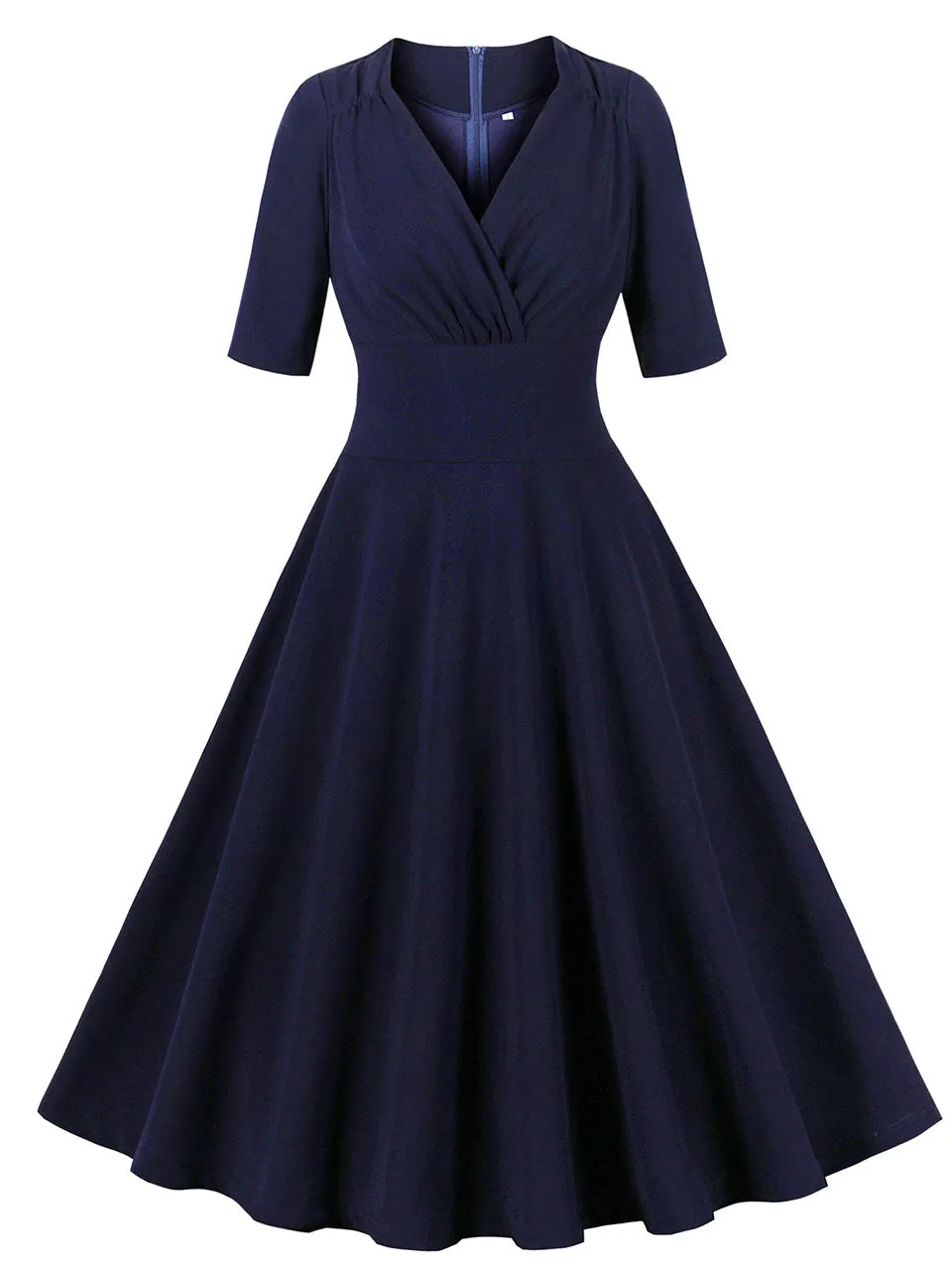 Navy V Neck Short Sleeve 1950S Vintage Dress