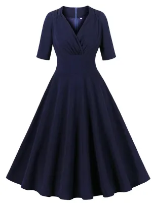 Navy V Neck Short Sleeve 1950S Vintage Dress