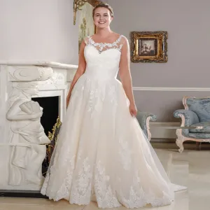 New Arrival Scoop Neck Plus Size Sleeveless Lace Applique A-line Bridal Gown Free Shipping